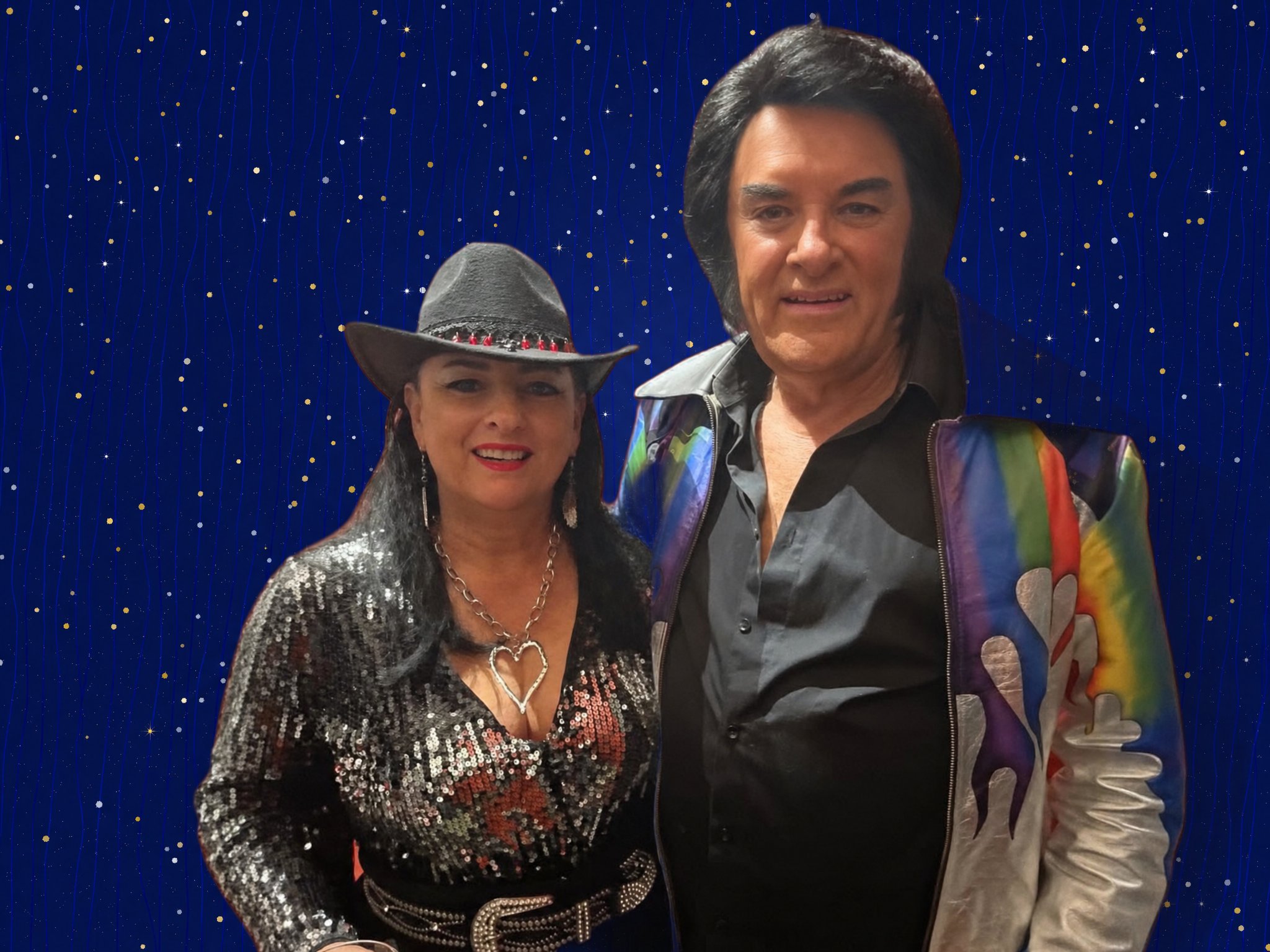 Trevor Needham and Jannine Douglas in show costumes — New Zealand's premier tribute entertainers