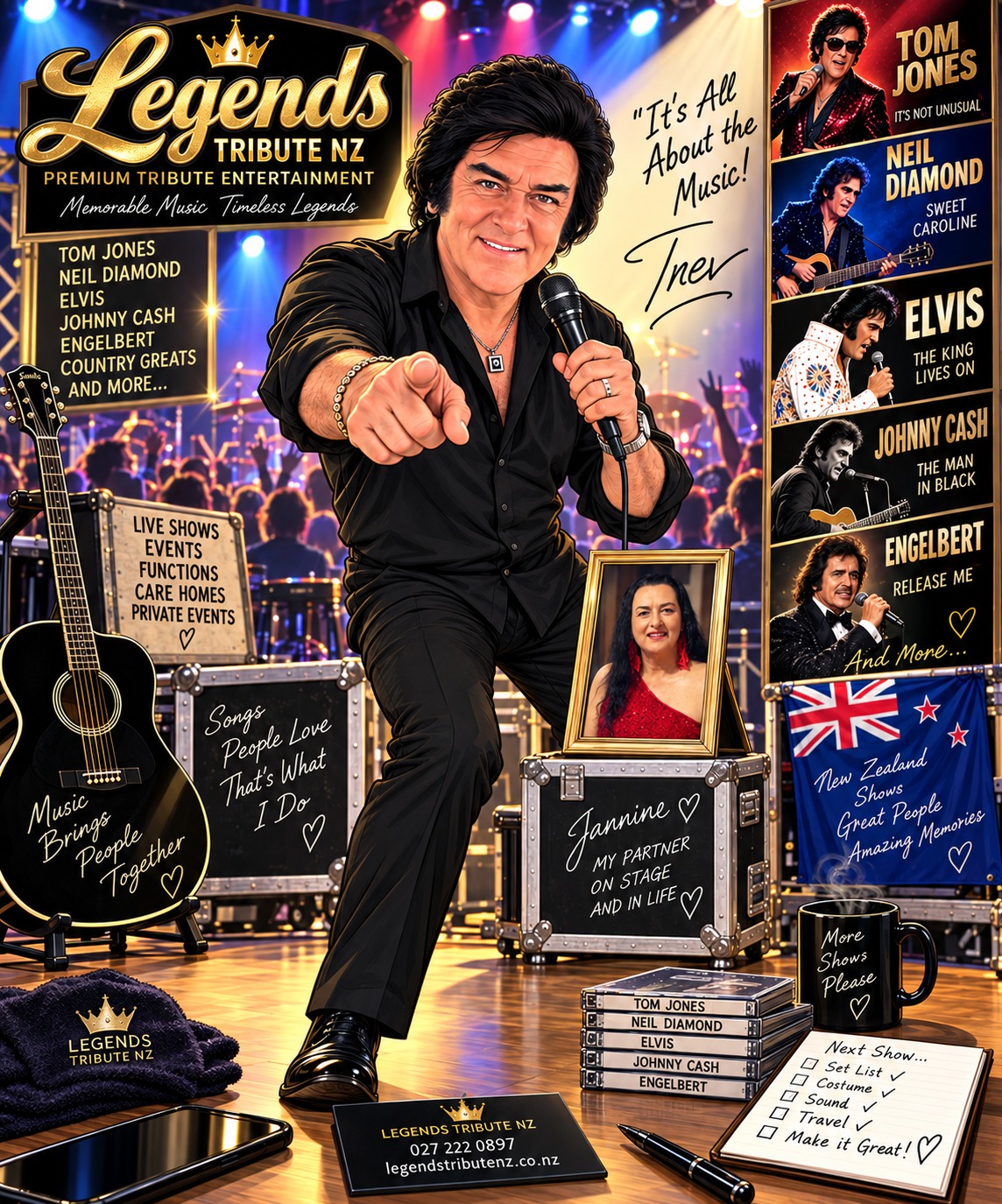 Fun caricature of Trevor Needham pointing to the crowd with the Legends Tribute NZ lineup of Tom Jones, Neil Diamond, Elvis, Johnny Cash and Engelbert