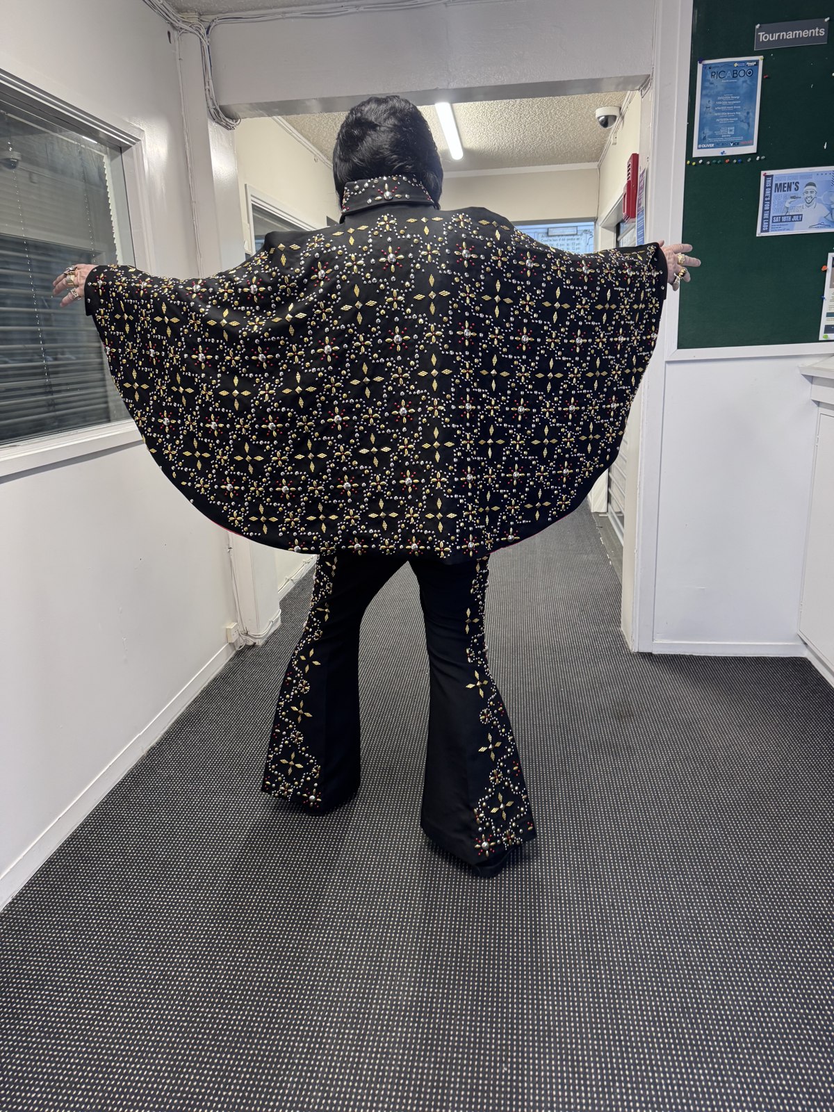 The back of Trevor Needham's rhinestone-studded Elvis jumpsuit and cape