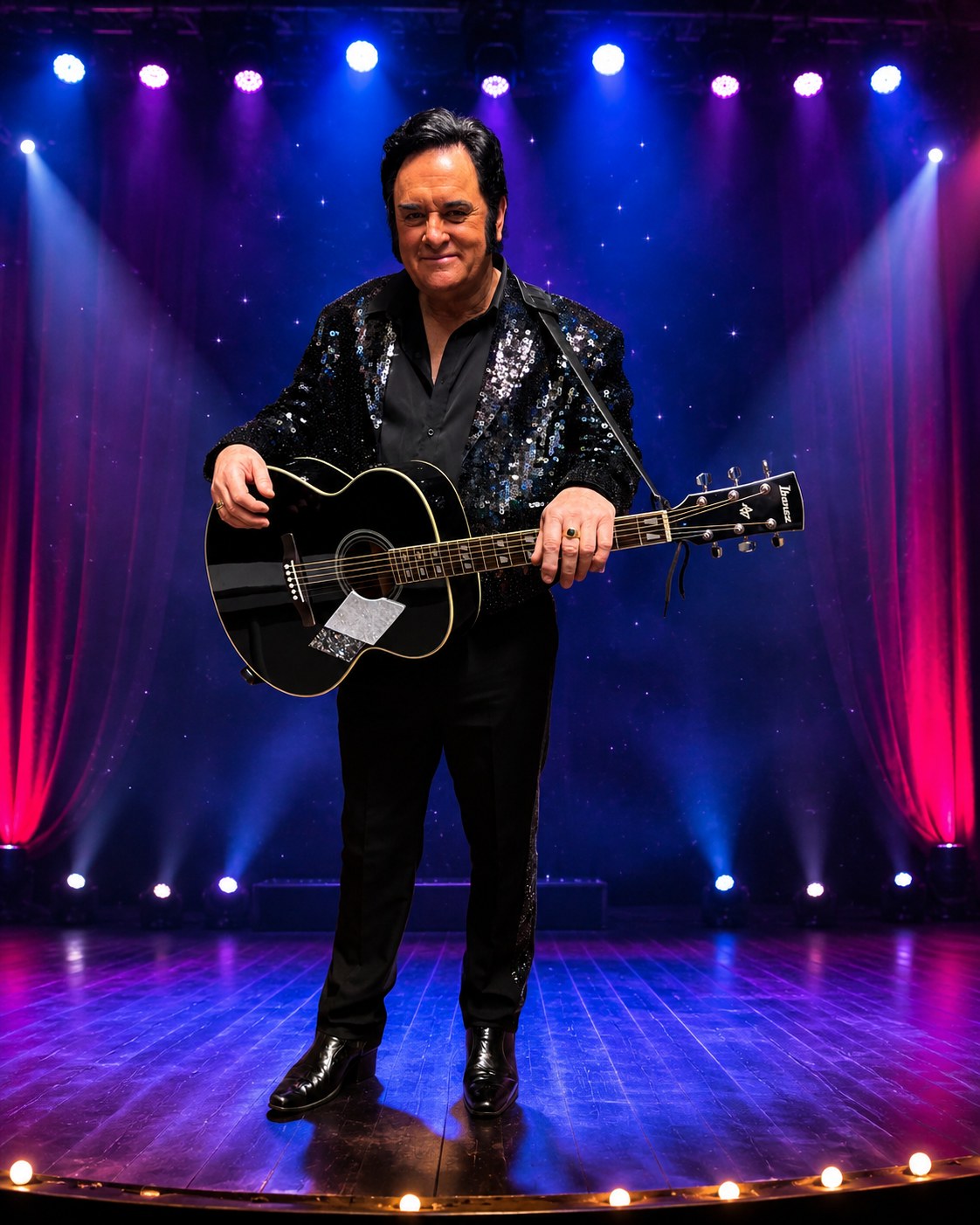 Trevor Needham performing as Neil Diamond with acoustic guitar under stage lights