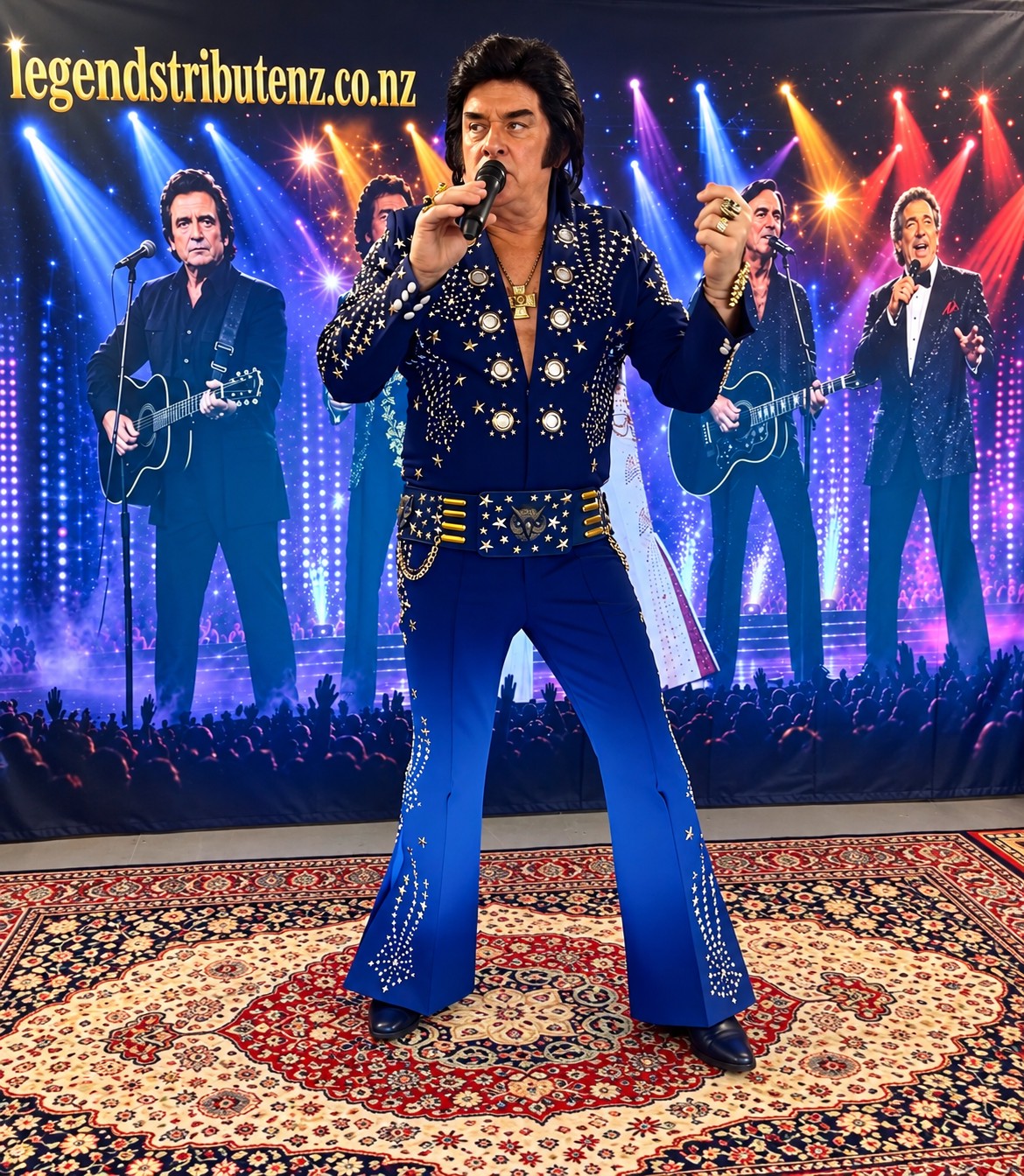 Trevor Needham performing as Elvis in a stunning blue star-studded suit at Katikati with the NZ Legends banner