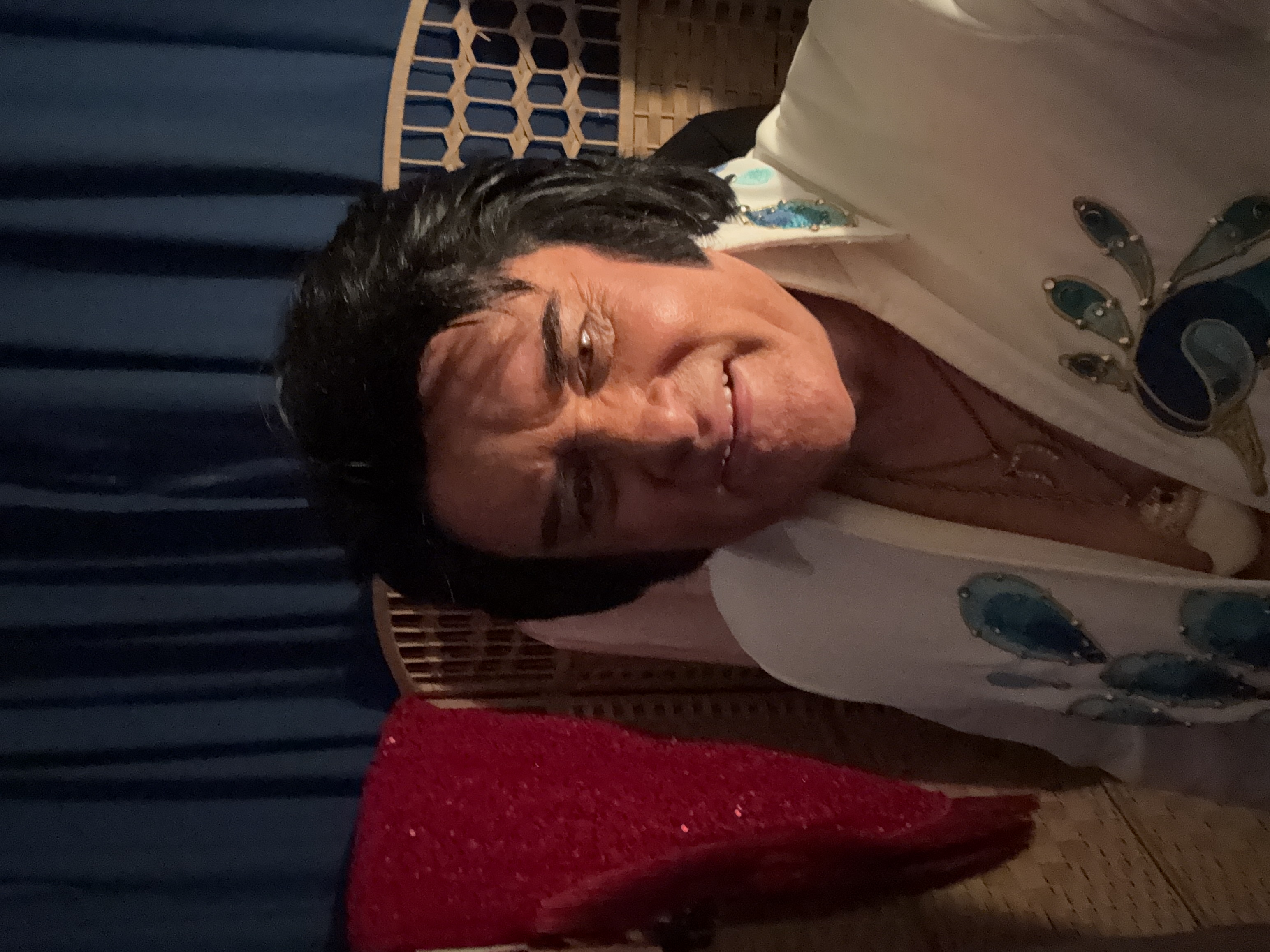 Trevor Needham as Elvis Presley in the iconic white jewelled jumpsuit backstage at Kamo 2026