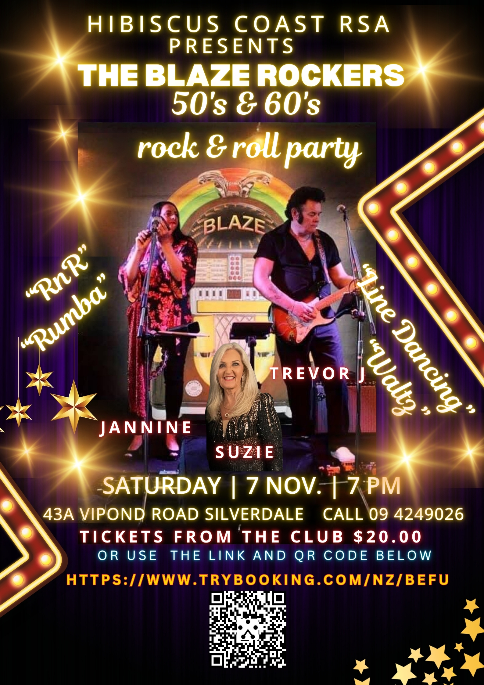 Hibiscus Coast RSA presents The Blaze Rockers — 50's & 60's Rock & Roll Party with Trevor J, Jannine & Suzie — Saturday 7th November 2026, 7pm