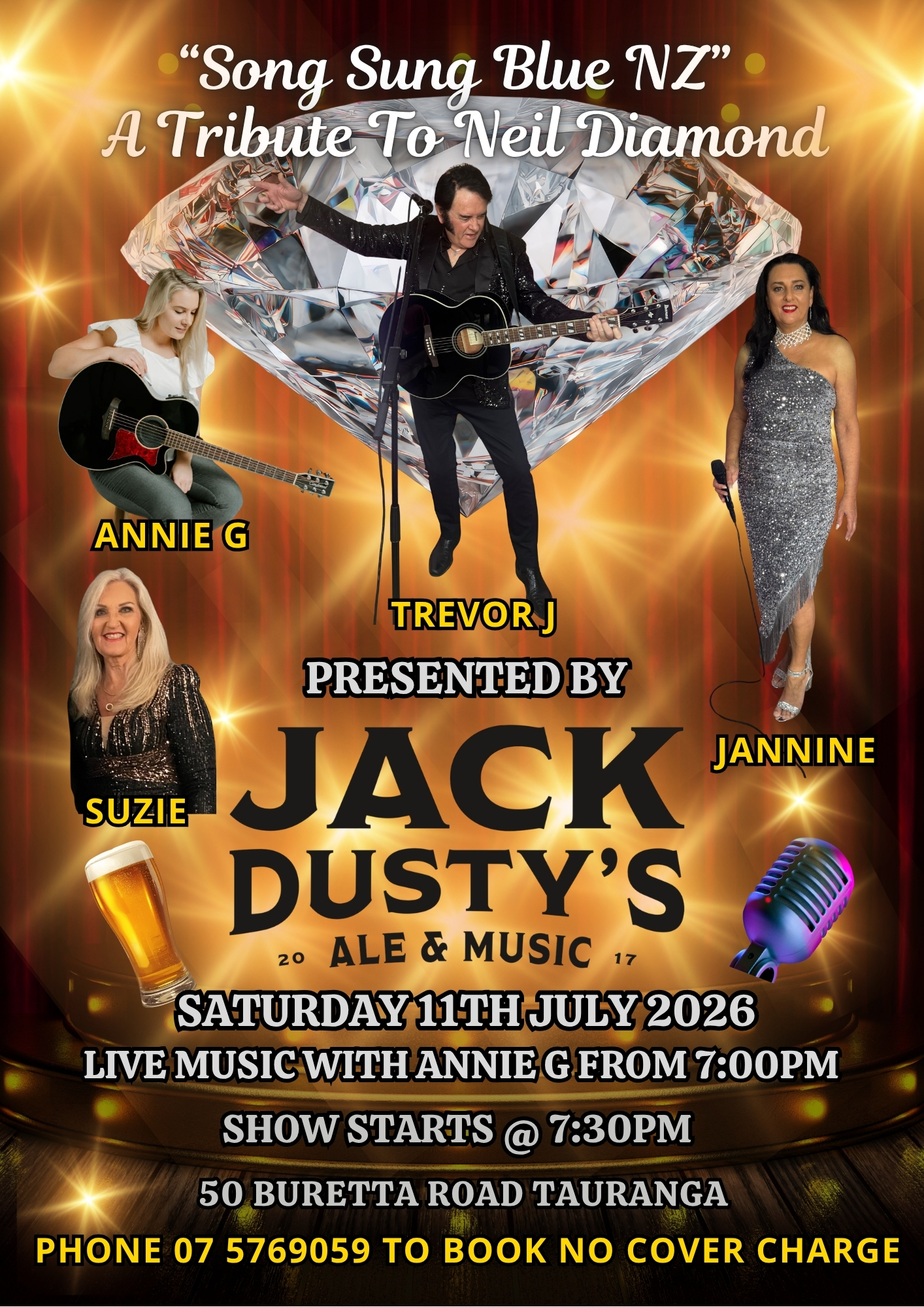 Song Sung Blue NZ — A Tribute to Neil Diamond at Jack Dusty's Ale & Music — Saturday 11th July 2026