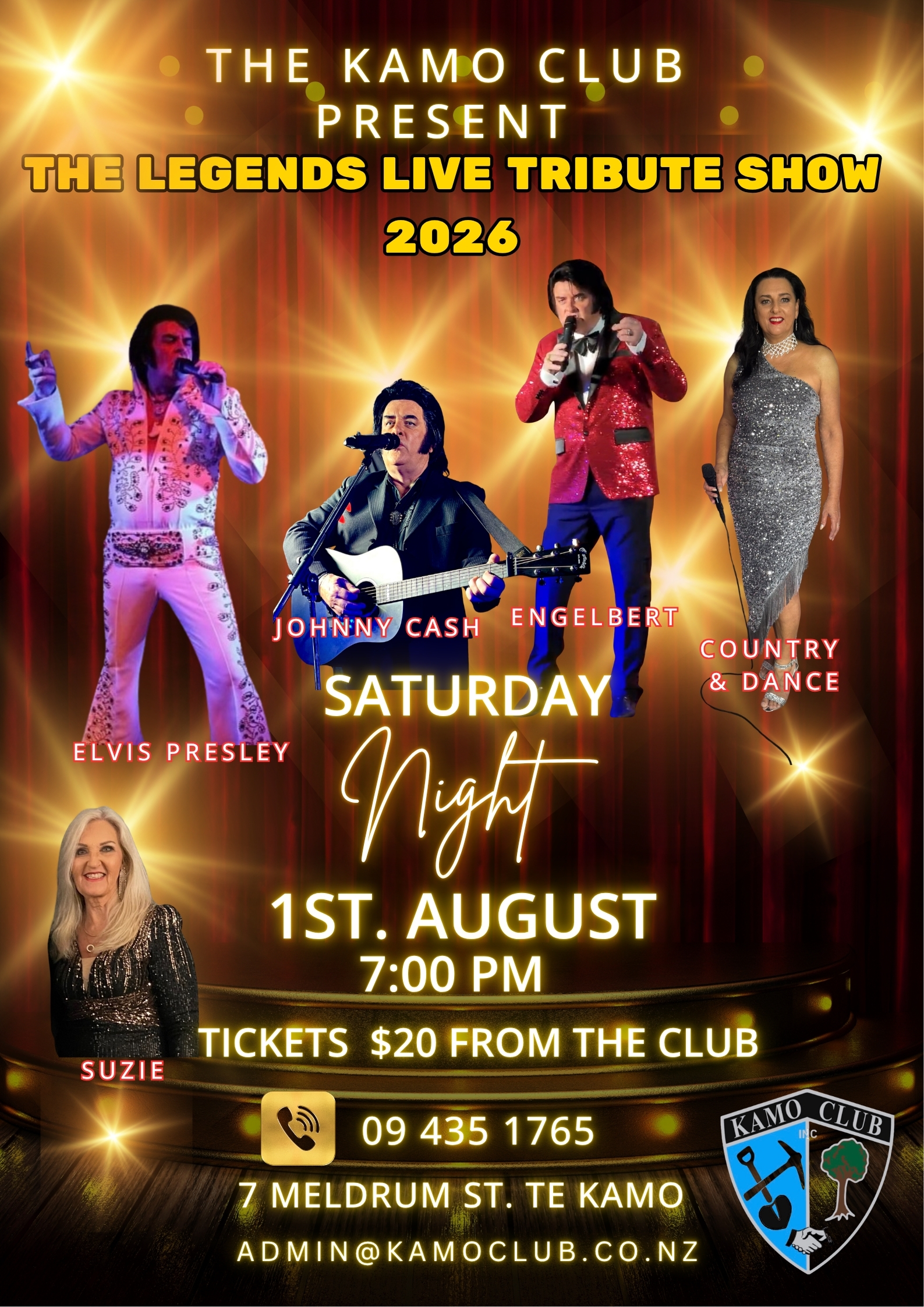 The Kamo Club presents The Legends Live Tribute Show 2026 — Saturday Night 1st August 2026 at 7:00 PM