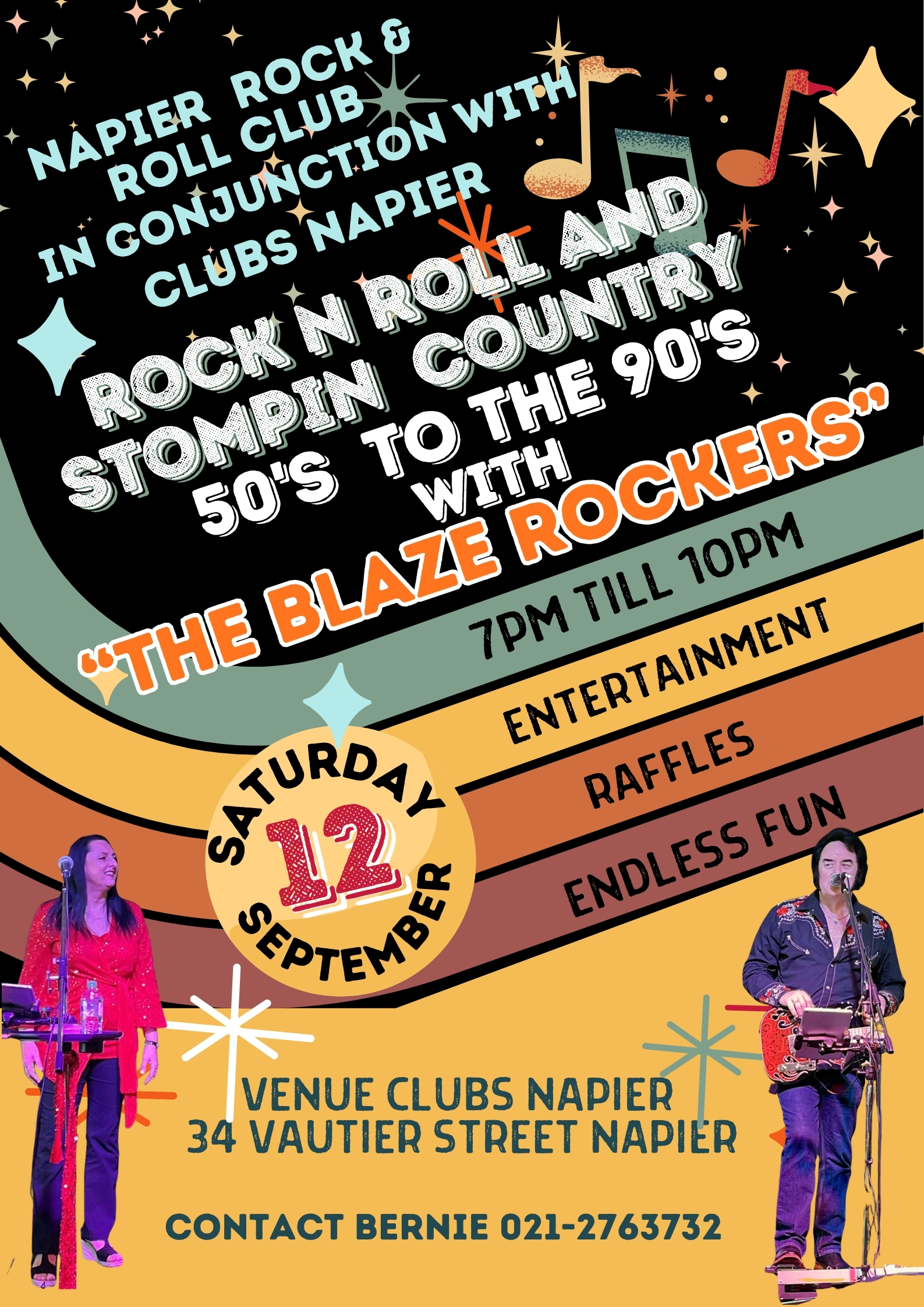 Napier Rock & Roll Club and Clubs Napier present The Blaze Rockers — Rock N Roll and Stompin Country 50s to 90s — Saturday 12th September 2026