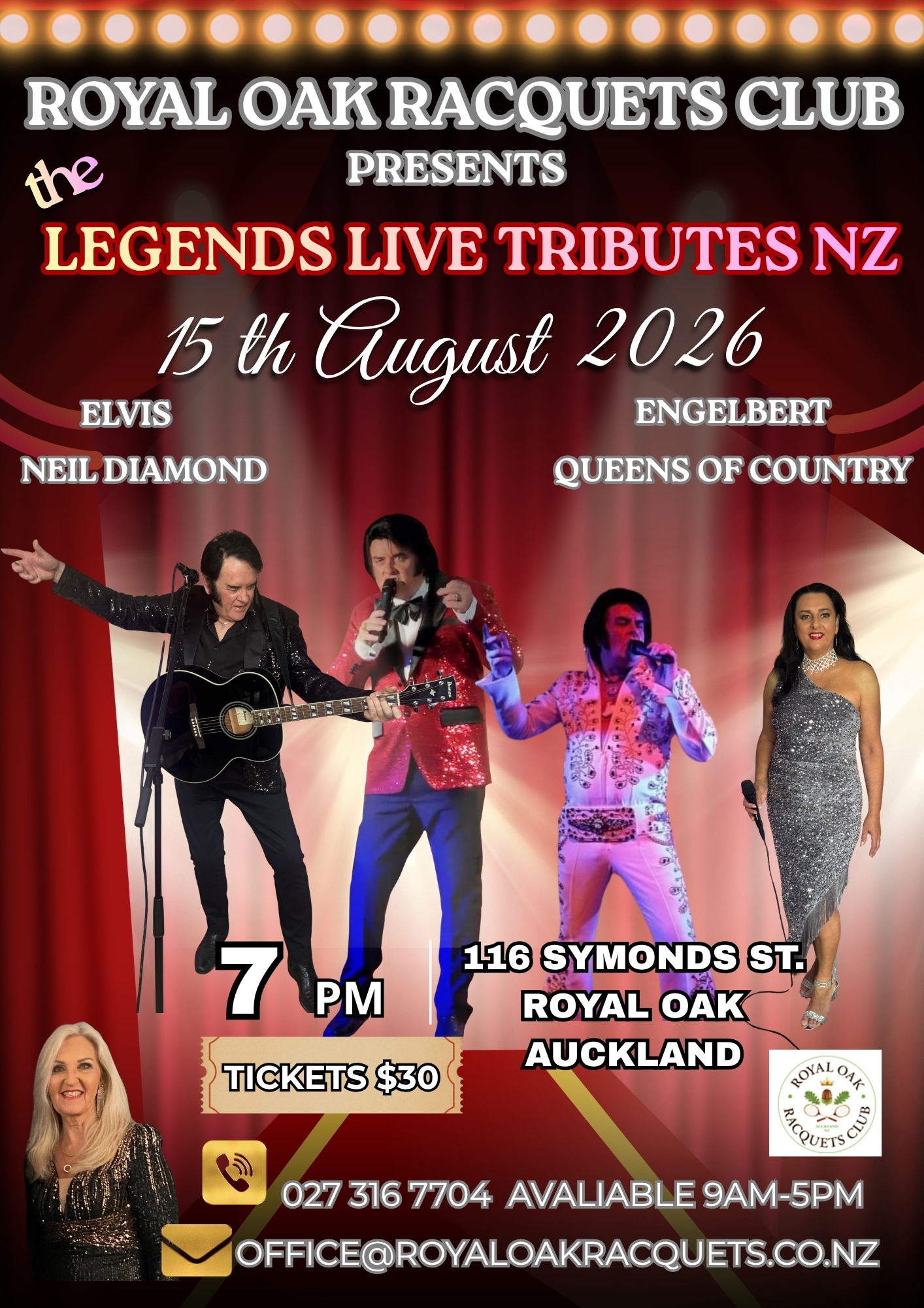 Royal Oak Racquets Club presents The Legends Live Tributes NZ — Elvis, Neil Diamond, Engelbert & Queens of Country — Saturday 15th August 2026, 7pm, 116 Symonds St, Royal Oak, Auckland