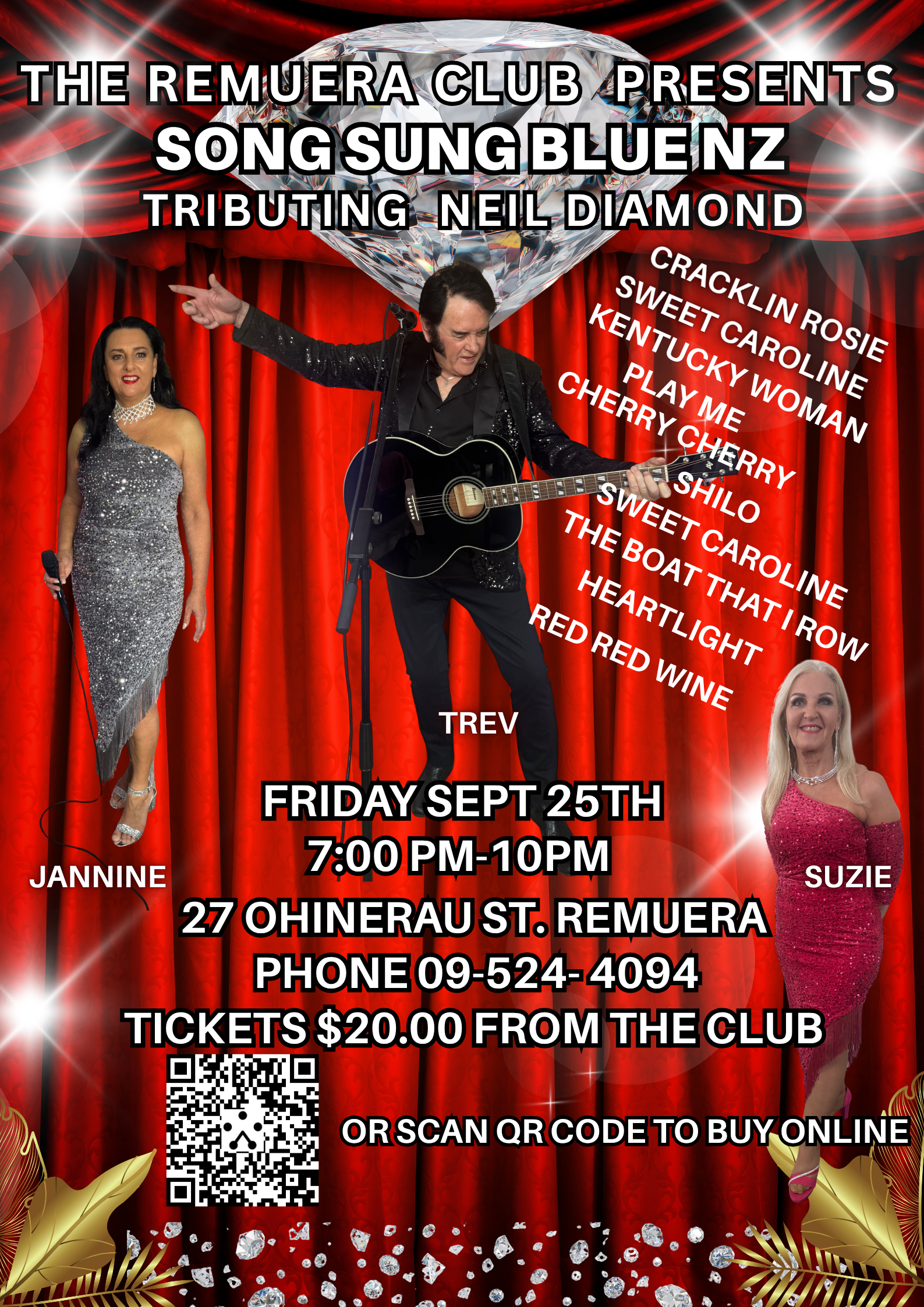 The Remuera Club presents Song Sung Blue NZ tributing Neil Diamond with Trev, Jannine & Suzie — Friday 25th September 2026, 7:00pm–10:00pm, 27 Ohinerau St, Remuera — Tickets $20 from the club