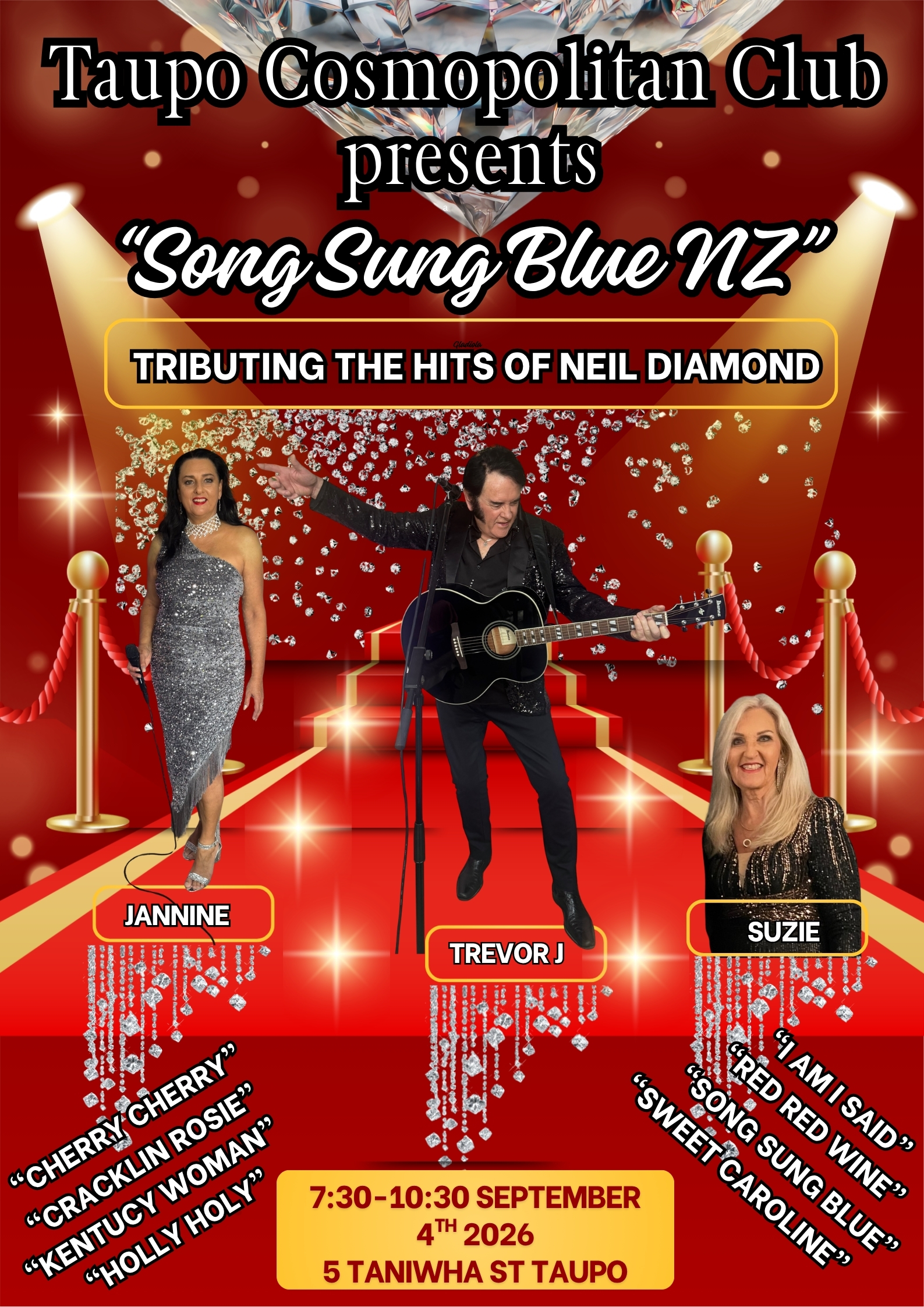 Taupo Cosmopolitan Club presents Song Sung Blue NZ — a tribute to the hits of Neil Diamond with Trevor J, Jannine & Suzie — Friday 4th September 2026, 7:30pm–10:30pm, 5 Taniwha St Taupo