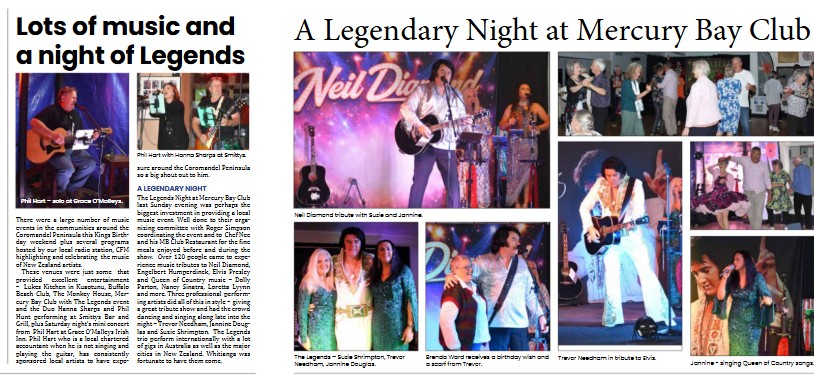 Newspaper feature — “A Legendary Night at Mercury Bay Club” — Trevor Needham and Jannine Douglas perform Neil Diamond, Elvis and Queens of Country to a packed house on the Coromandel Peninsula